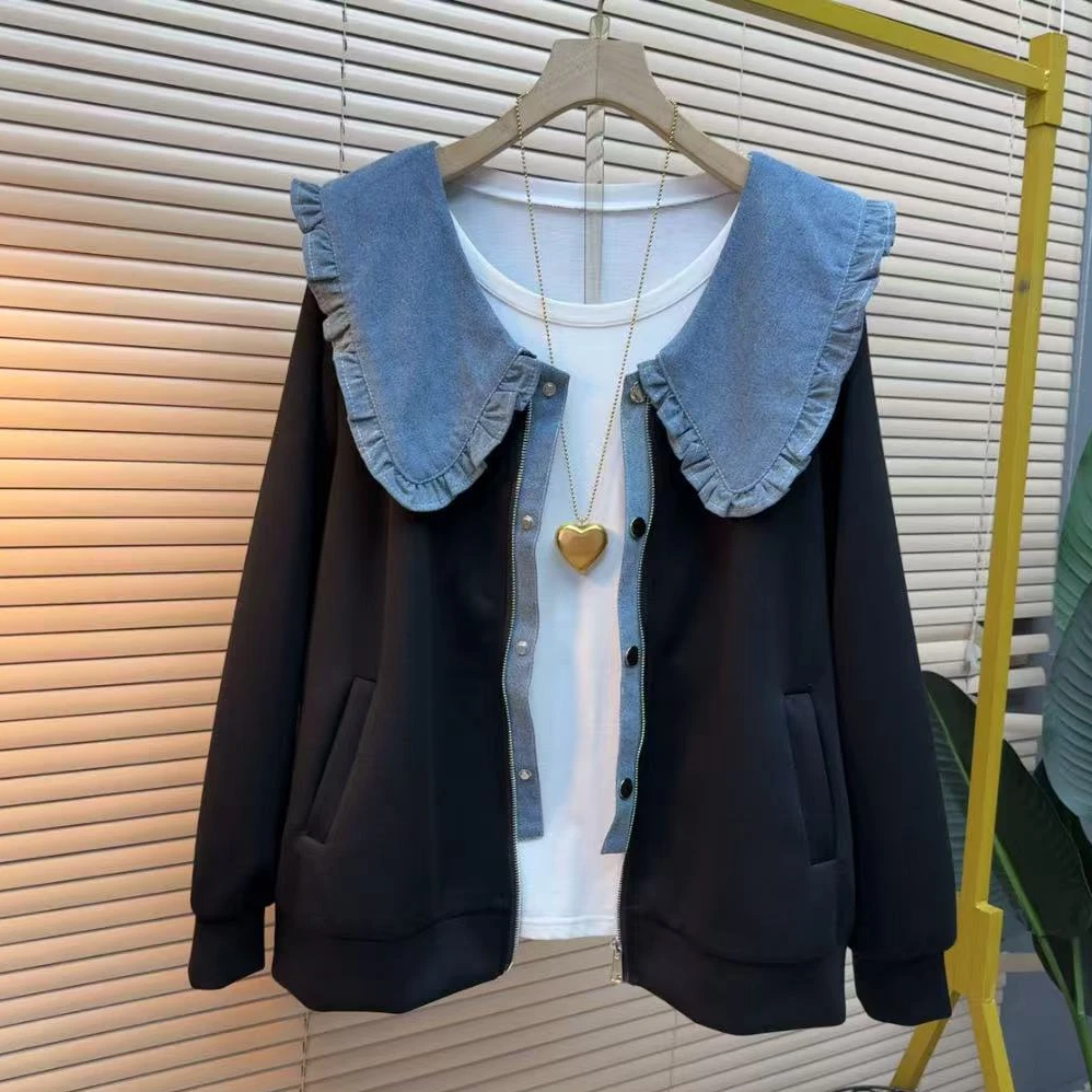 时尚百搭宽松减龄长袖气质休闲娃娃领韩版7458设计感洋气外套