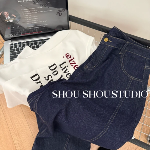 【瘦瘦】潮牛先锋-大码夏季高腰宽松显瘦垂感直筒拖地牛仔裤S01494