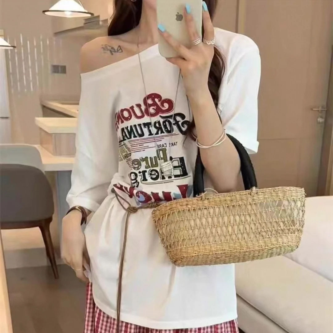 美式露肩印花长款夏季短袖T恤女2025宽松休闲大领口上衣女