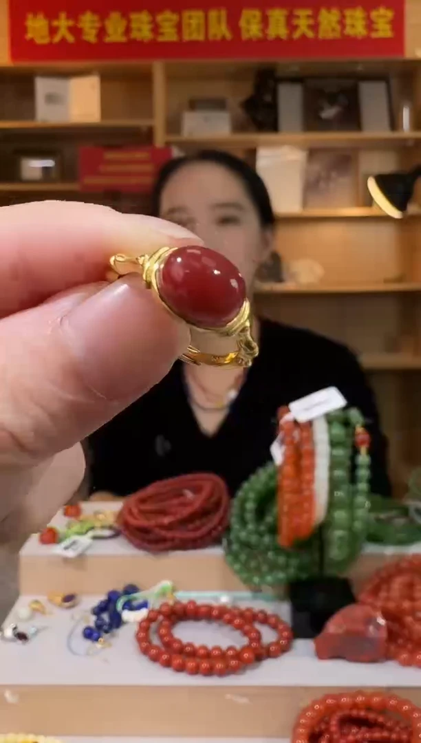 银S925镶嵌南红玛瑙戒指牛血底天然南红玛瑙戒指