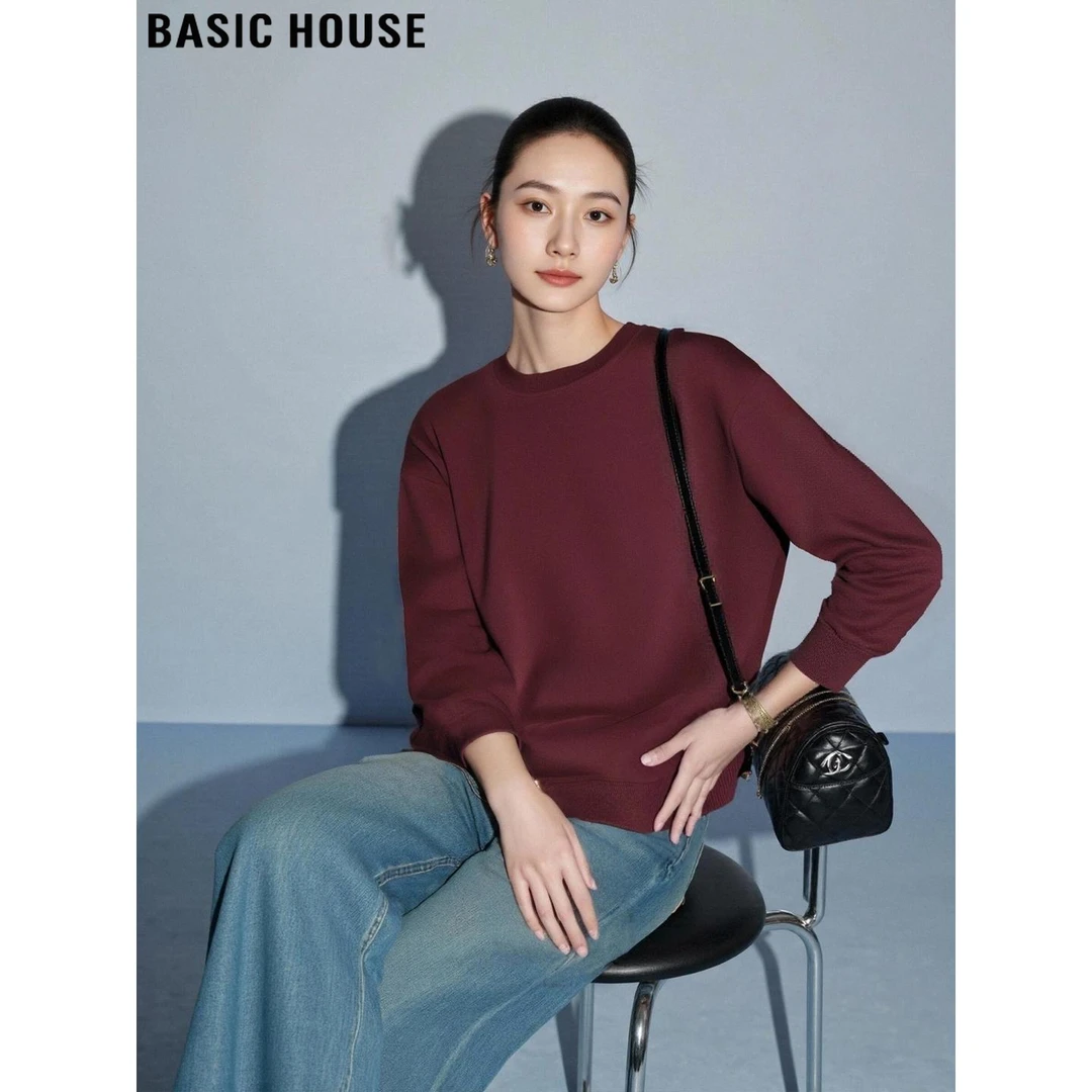 Basic House/百家好气质红色圆领卫衣女2025秋季宽松套头打底上衣