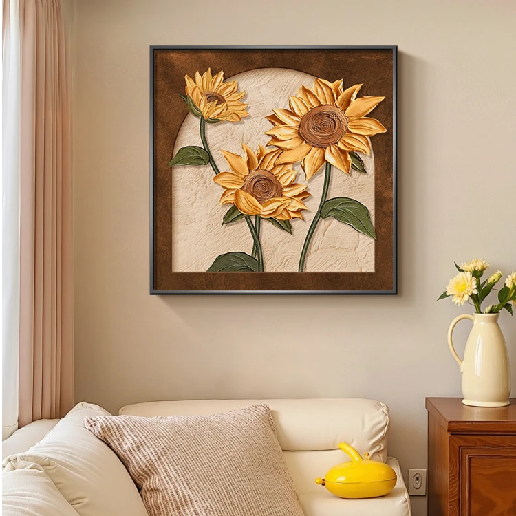 复古向日葵适合餐桌挂的画中古风花卉餐厅饭厅装饰画法式客厅挂画