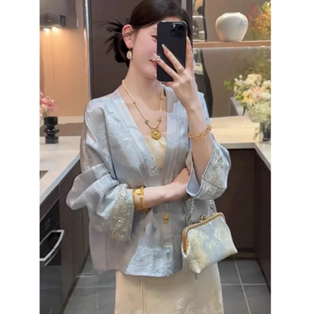 新中式气质国风禅意套装裙2025春季新款高级休闲蓝色外套半裙女装