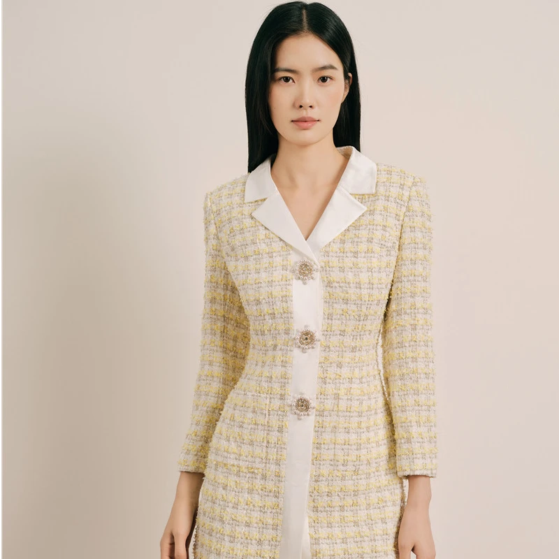 OBBLIGATO奥丽嘉朵新款鹅黄色珠钻扣点缀花纱连衣裙1C65105240