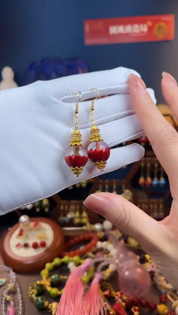 天然辰砂红红聚宝盆大耳钩