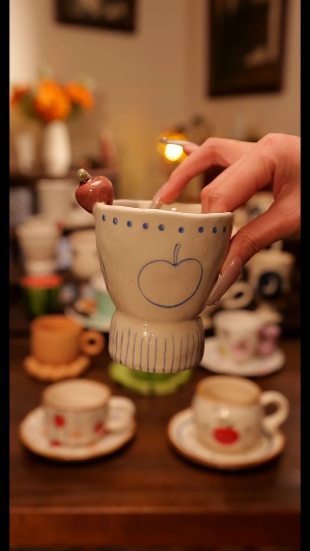 陶瓷便携款粗陶磨砂小苹果手作  手绘釉下彩