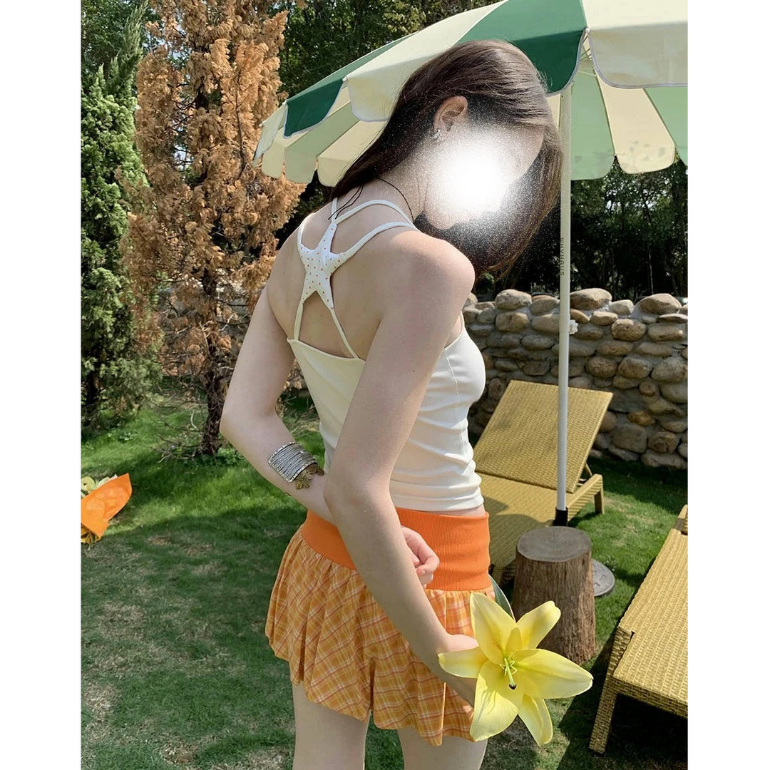 波点星星露背背心女夏季新款修身度假风