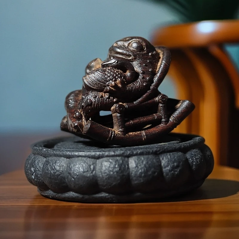 黑柿木梦想成真手把件摇椅癞蛤蟆吃天鹅肉摆件家居装饰蟾蜍吉祥物