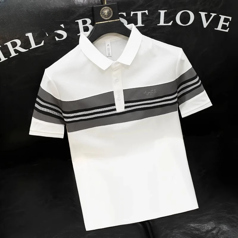 翻领Polo衫短袖男士商务休闲修身韩版条纹撞色设计感透气时尚T恤