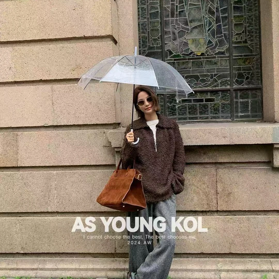 AUGNINE咖色长毛拉毛羊毛混纺做旧感粗针设计感翻领毛衣