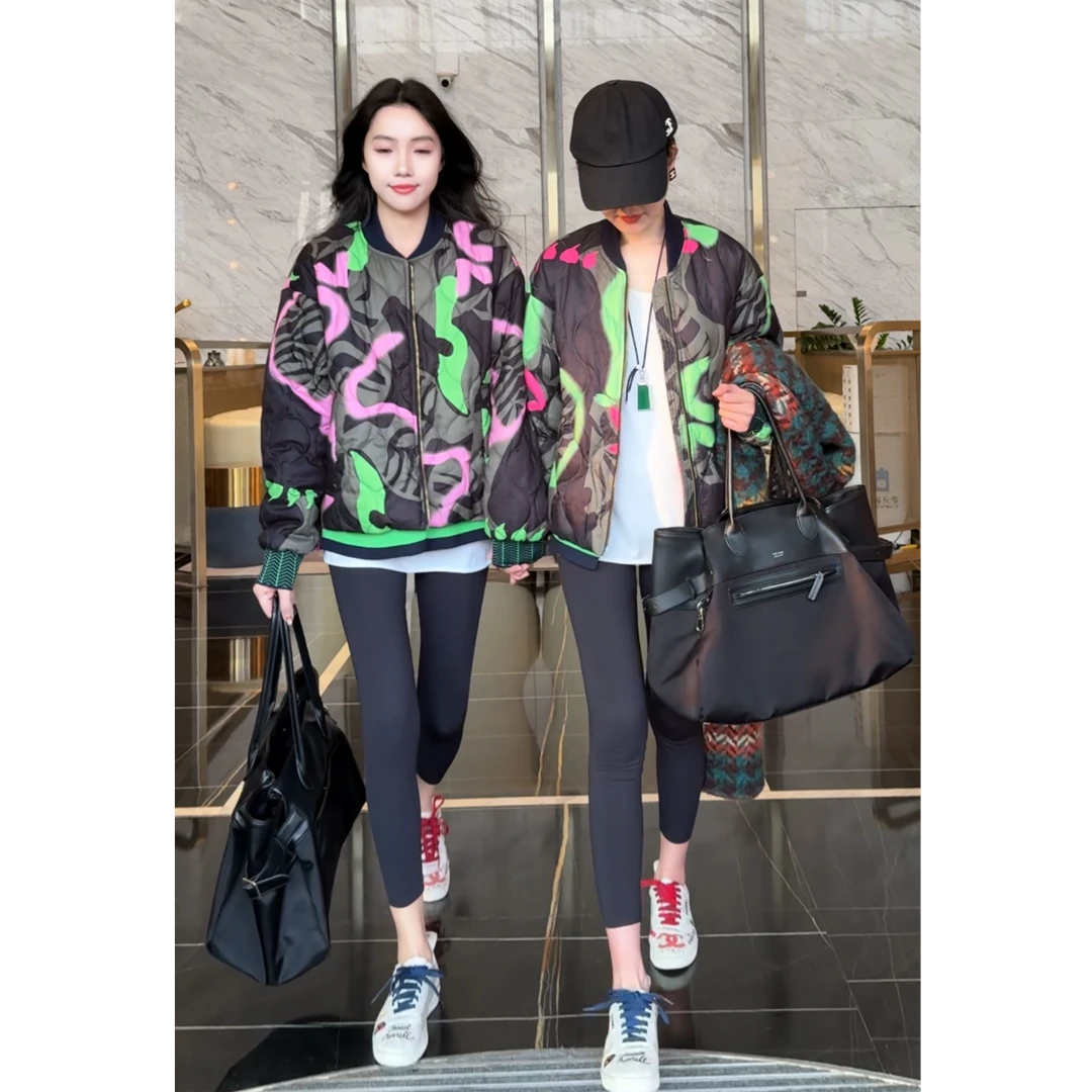 冬季港风复古撞色宽松保暖印花机车棉服{罗}G0607