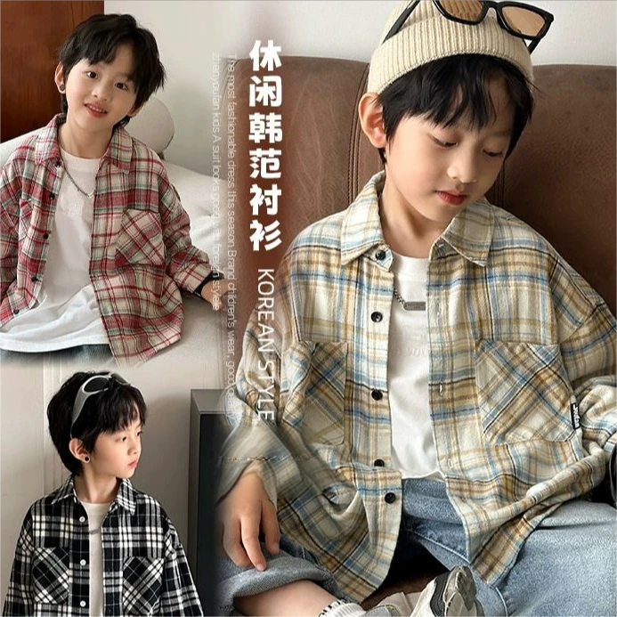 儿童韩版春秋翻领尖领洋气童装长袖春装格子男宝宝潮酷痞帅童装
