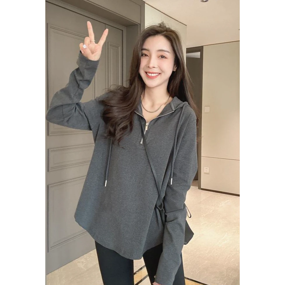 半拉链薄帽衫女2025秋冬季新款小众设计感中长款宽松百搭大码上衣