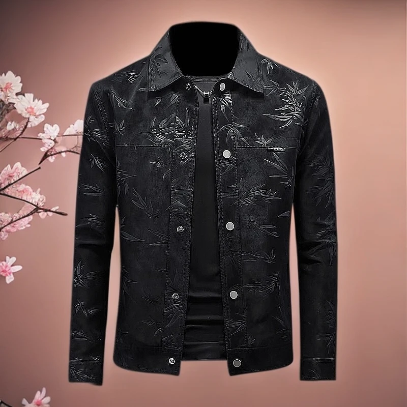 维斯克纳欧美翻领皮衣男士机车帅气春季新款派克服青年花纹皮夹克