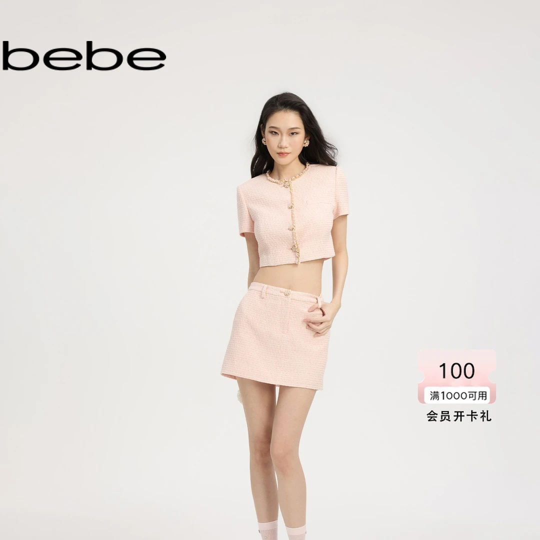 bebe2025夏季新款女士甜美丝绒带纽扣缀饰花呢半身裙220207