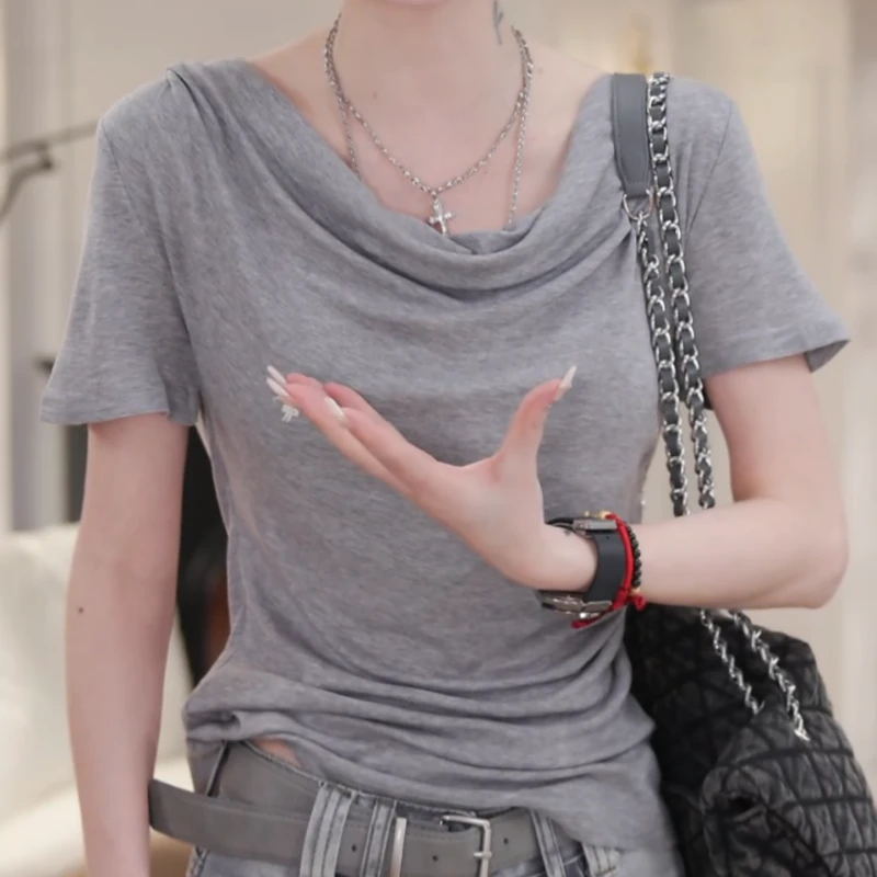 2025夏季后背蕾丝镂空拼接短袖t恤修身显瘦百搭上衣内搭LK2502376