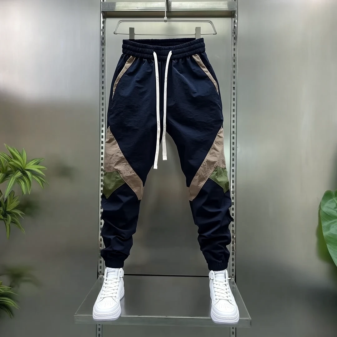 2025冰丝拼接男士时尚潮牌春夏运动束脚哈伦裤百搭薄款休闲松紧裤