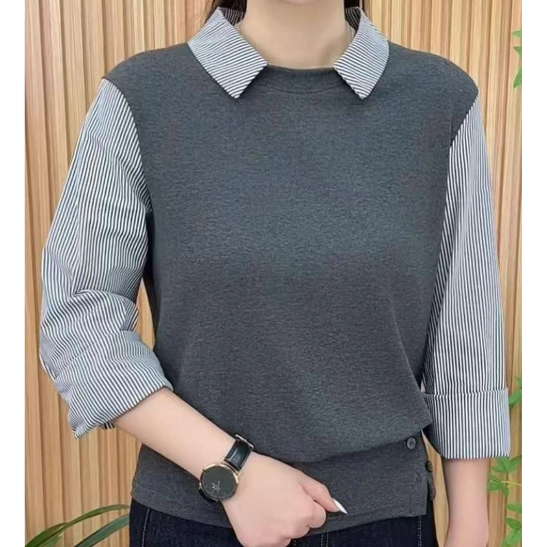 秋季新款女士拼接衬衫领设计感上衣X时尚妈妈装洋气简约长袖小衫