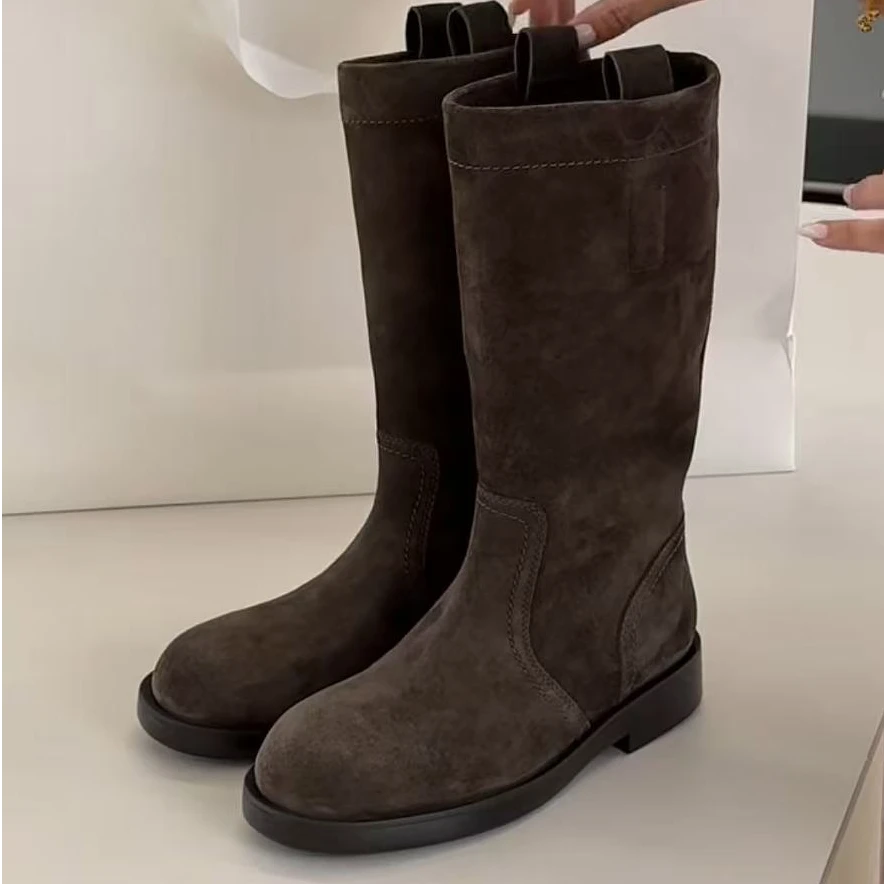 诗歌兰女靴2025秋季新品厚底真皮时装靴圆头高筒靴中筒靴马丁靴