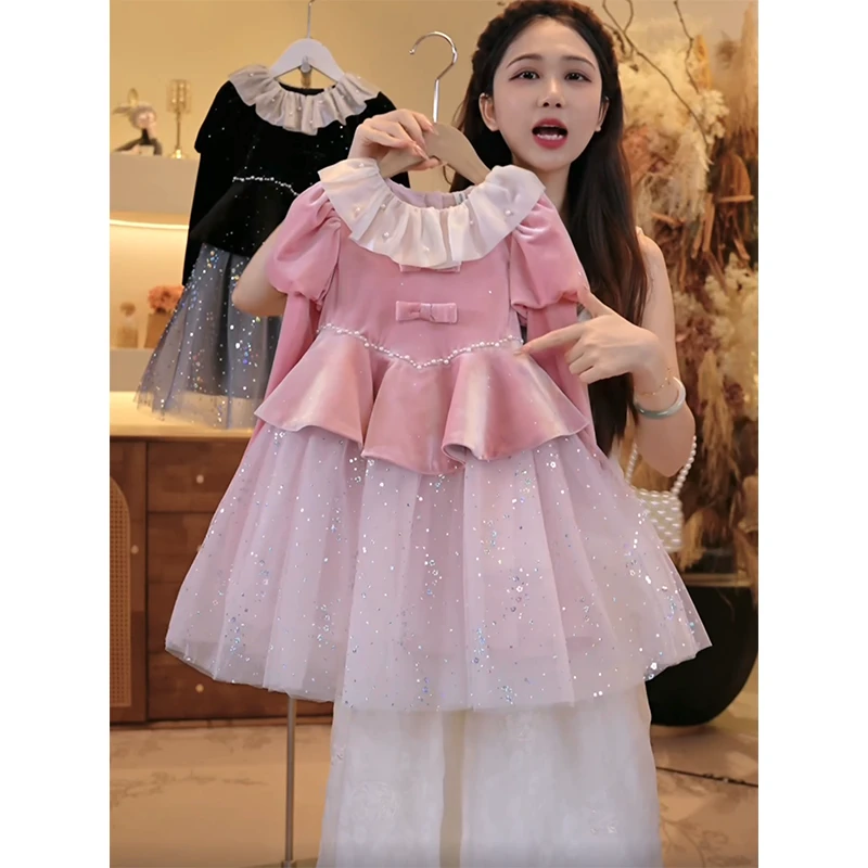 2025绝美连衣裙女童富家千金感裙子秋冬季新款加绒儿童丝绒打底裤