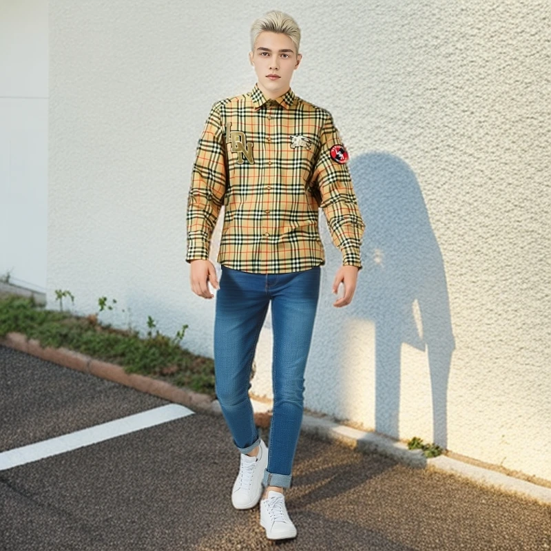 99新 BURBERRY/博柏利 11837326 徽标格纹翻领衬衫 卡其色 M码