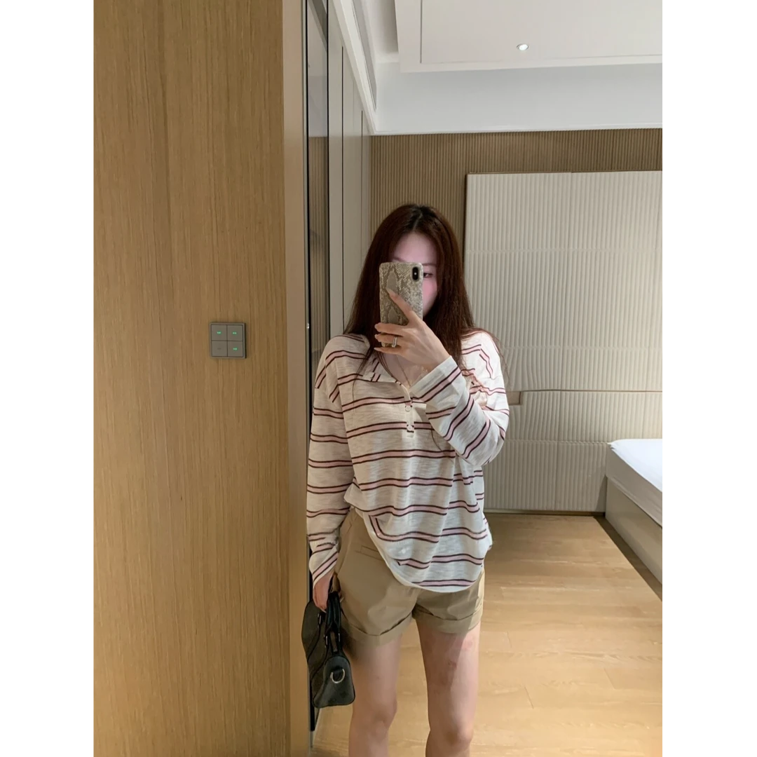 舒适区 垂感轻薄撞色条纹纽扣长袖T恤女柔软宽松百搭显瘦休闲上衣