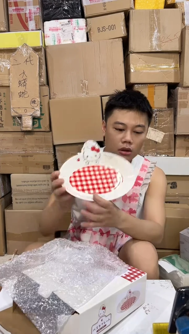 瓷片原盒kt猫红格子餐盘