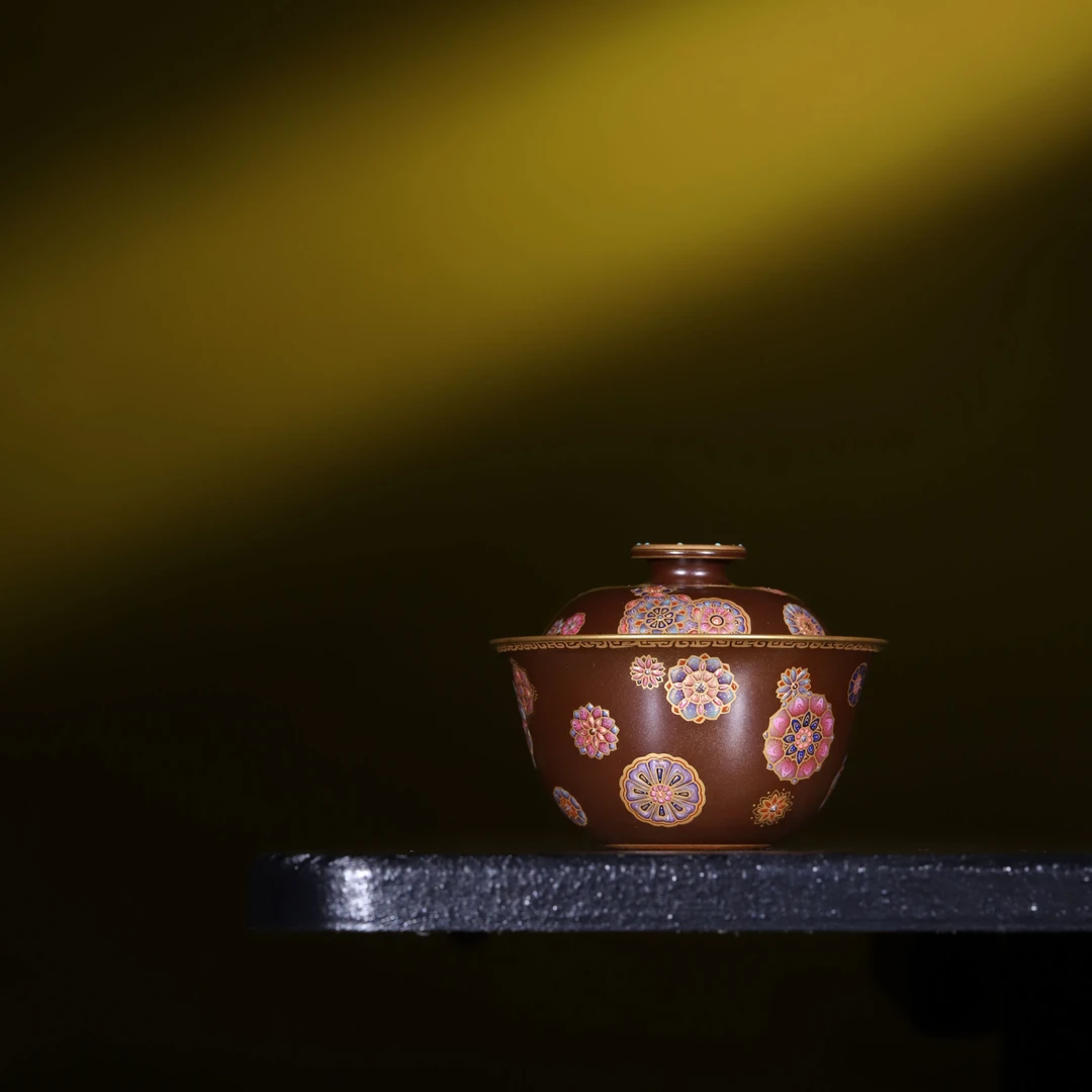 景德镇宝蕴阁 手绘珐琅彩瓷器 错金银皮球花盖碗 100毫升