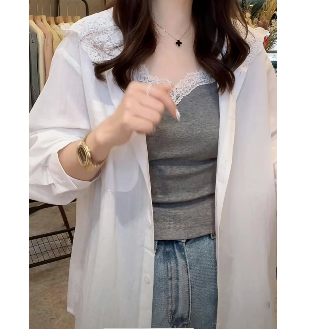 设计感蕾丝连帽外穿防晒衬衫女2025春夏小众宽松珍珠白长袖衬衣
