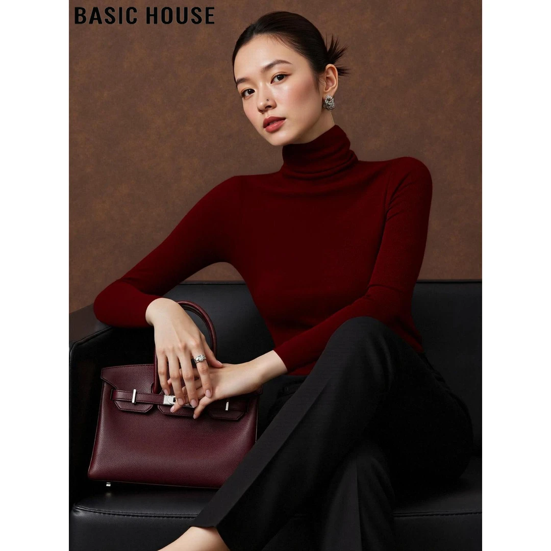 Basic House/百家好红色100%羊毛高领针织衫女2025冬季打底衫毛衣