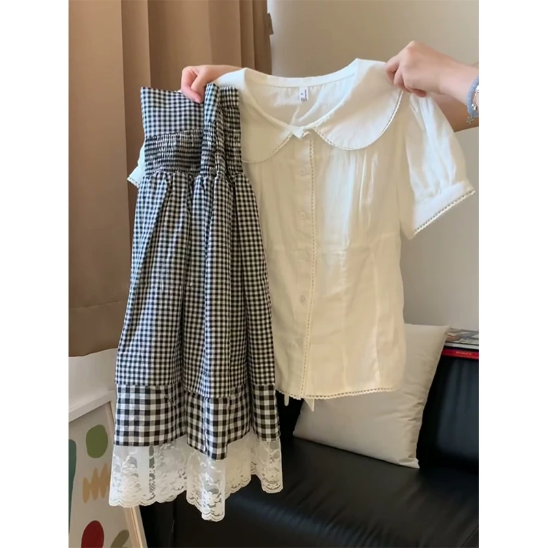 白色衬衣+新款格纹拼接蕾丝半身裙2025夏季休闲小众穿搭两件套女