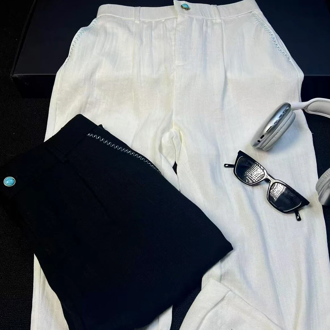 夏季薄款男士平腰松紧弹力棉麻绿松石打扣休闲直筒裤九分裤8033