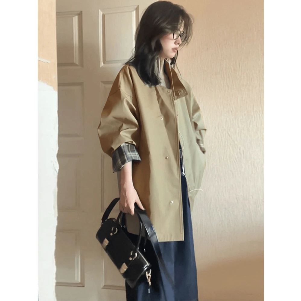 早秋高级感小个子撞色短款风衣外套女宽松廓形英伦风日系大衣F427