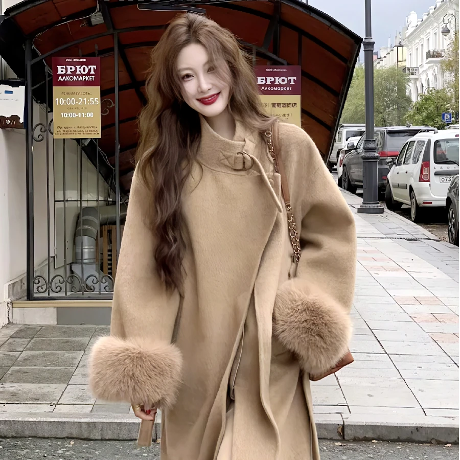 韩版毛毛袖口立领毛呢外套女冬季新款高级感时尚减龄宽松呢子大衣