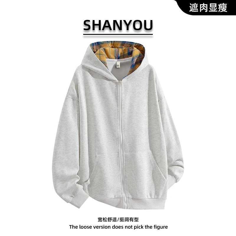 日系运动休闲卫衣男生阳光帅气格子连帽小清新文艺风宽松ins外套