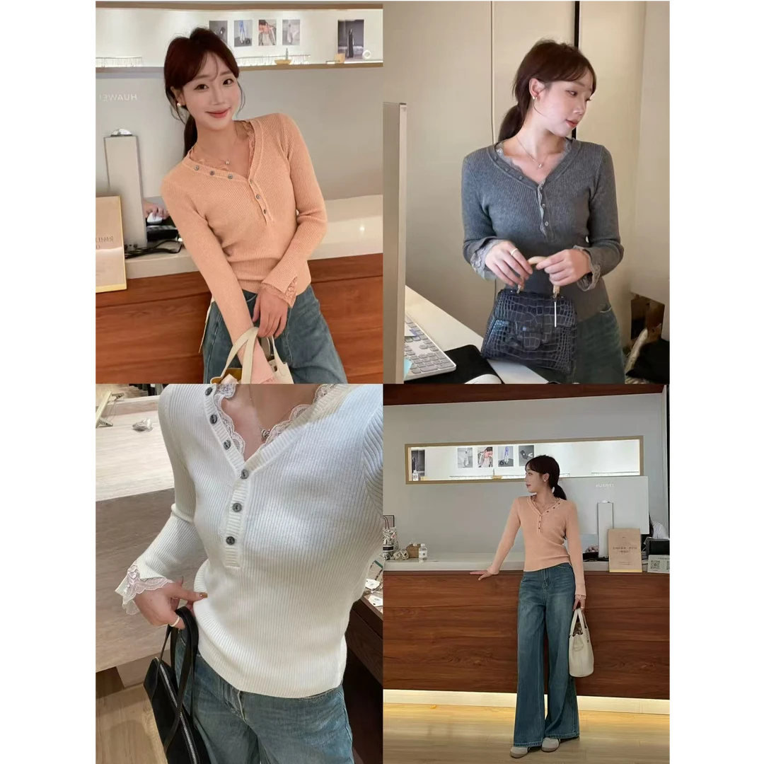 YPP!【绝美蕾丝】定制款V领蕾丝花边打底衫修身显瘦针织内搭上衣