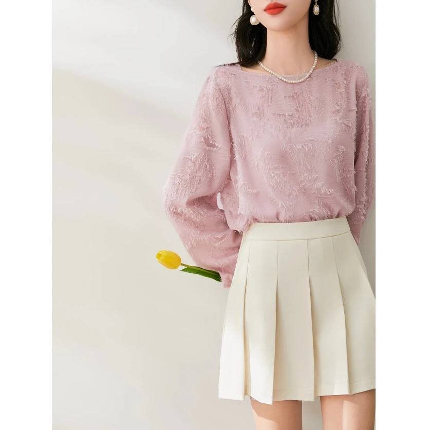 【浪漫碎羽】短碎流苏 气质纯色 时尚一字领雪纺衫女宽松长袖衬衣女