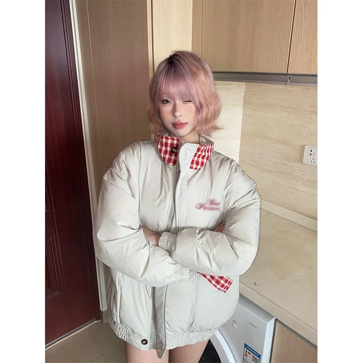 美式风复古格子拼接棉服女冬季新款设计感小众加厚保暖面包服棉衣