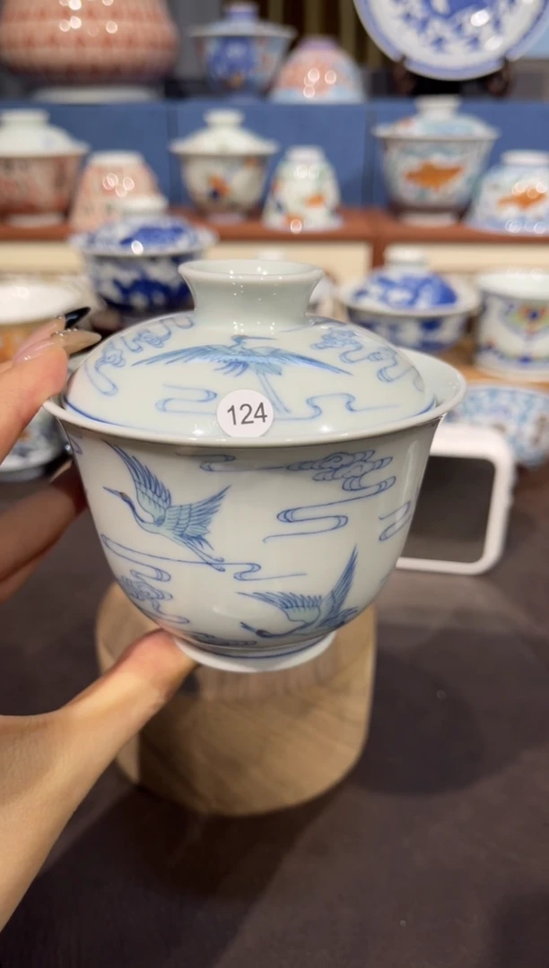 【闪购商品】杯124斗彩仙鹤盖碗微瑕