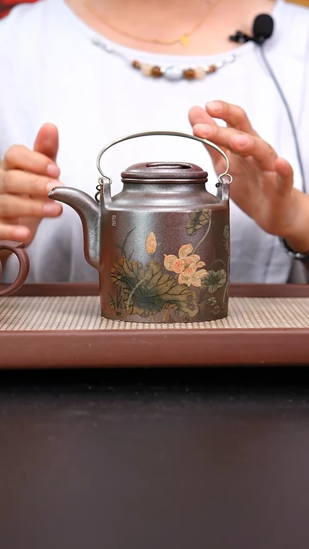 茶壶紫砂四号井底槽青柴烧洋桶泥绘荷花550