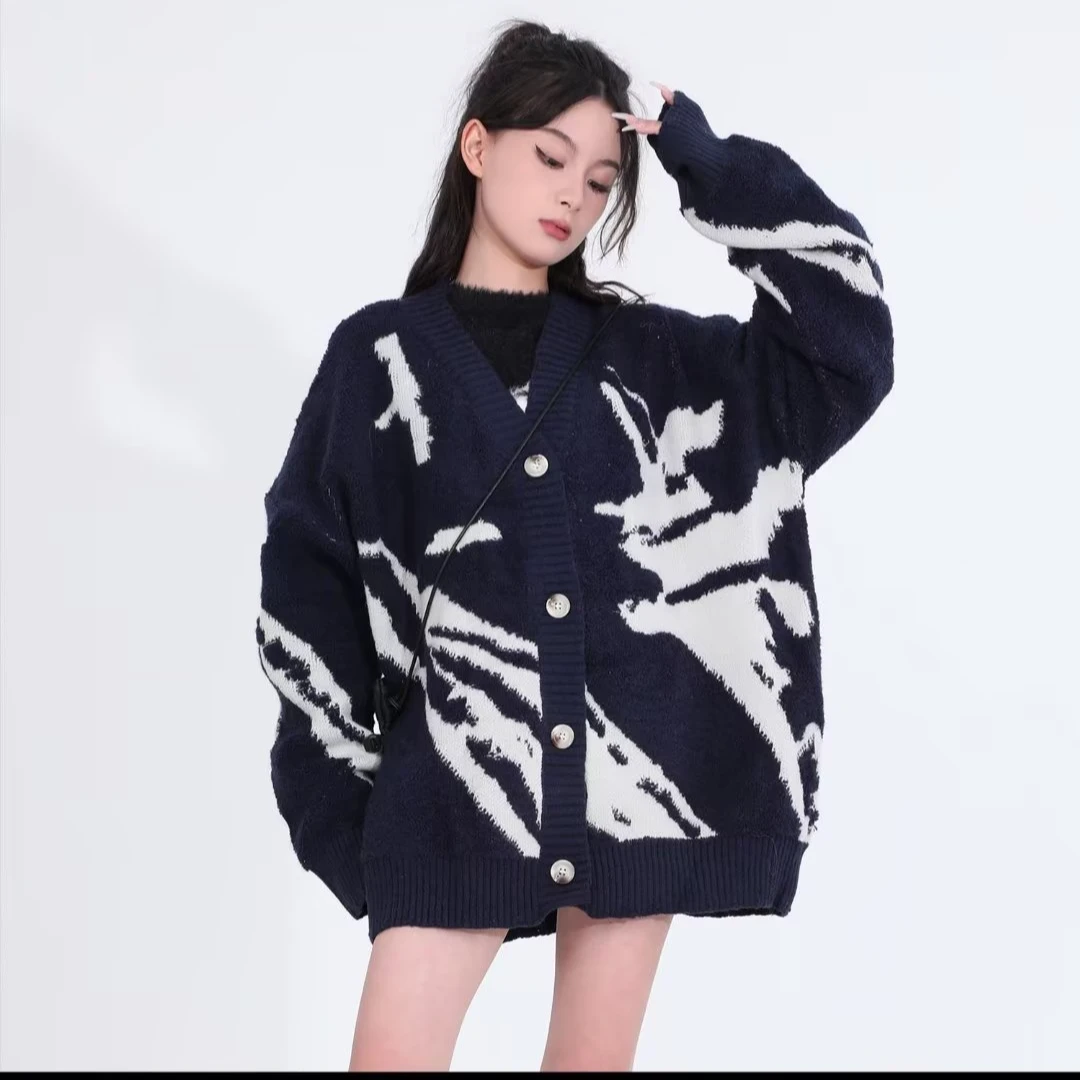 美式男毛衣秋冬季潮流宽松拼色针织衫潮牌百搭情侣开衫