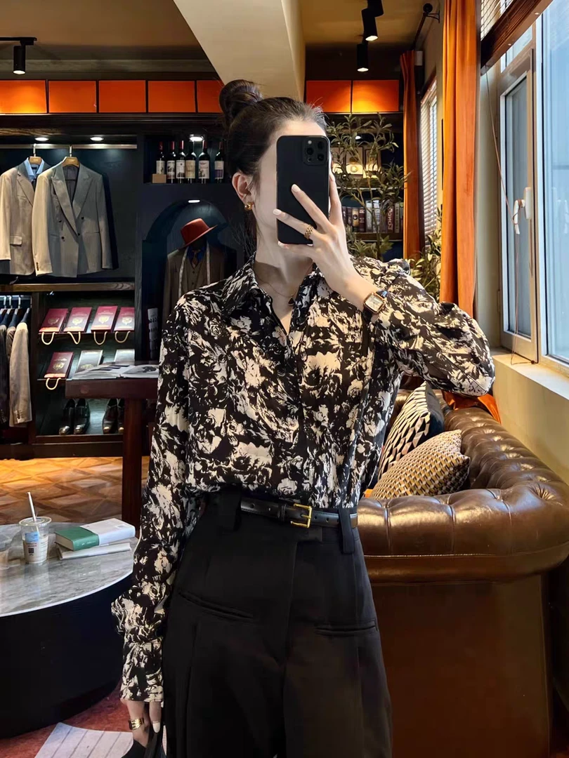 玫瑰印花宽松休闲法式衬衫