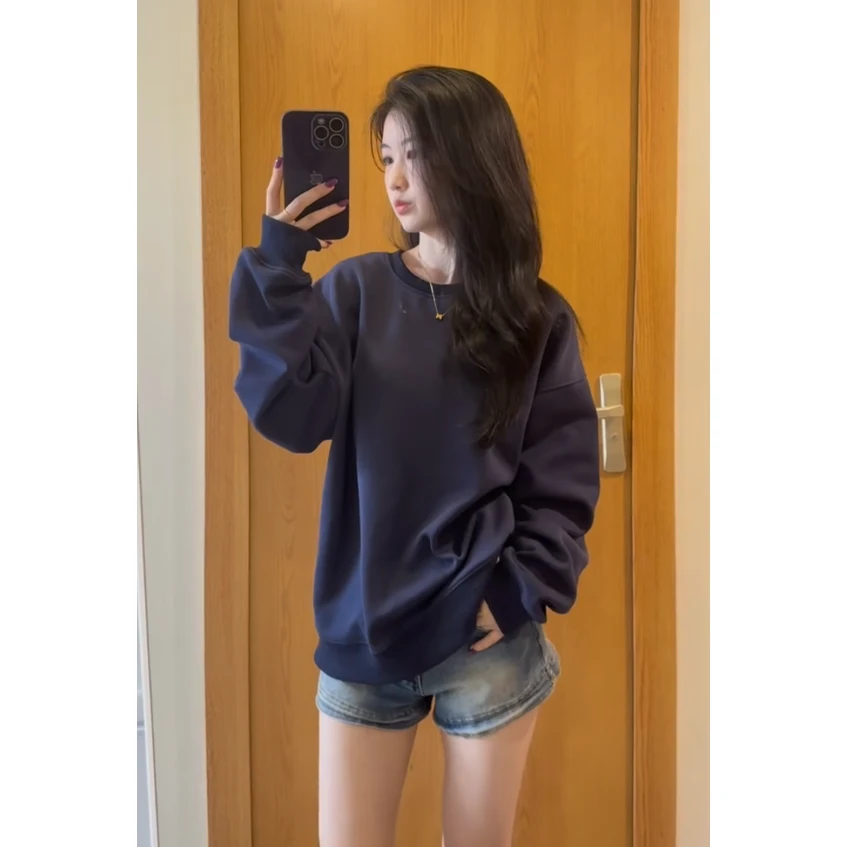 韩版简约通勤休闲风圆领长袖卫衣2025早秋新款纯色百搭显瘦上衣女