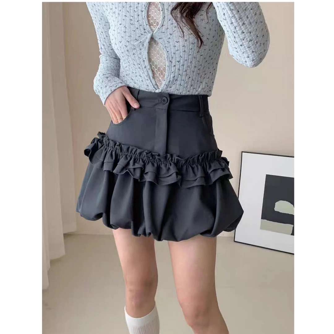 2512设计感甜美百搭木耳荷叶边高腰显瘦半身裙蓬蓬裙短裙女