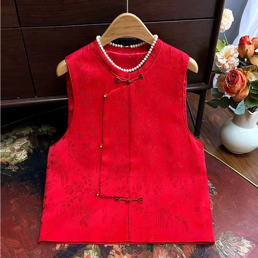【红红火火】爆款新年女装特辑新中式提花斜襟马甲女春季中国红坎肩