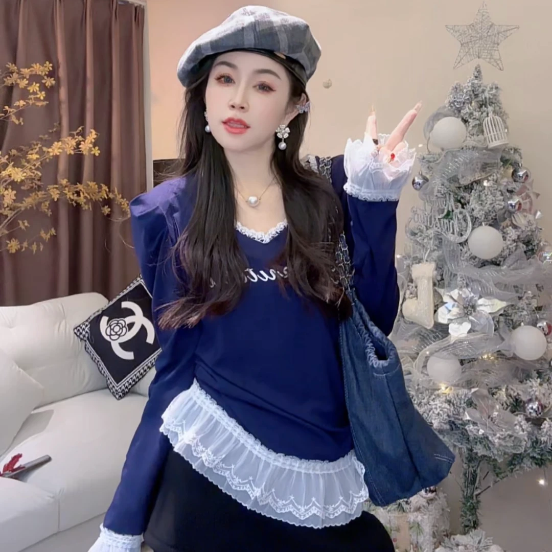 L.X~字母图案拼接蕾丝花边V领上衣泡泡袖修身显瘦T恤打底衫8327