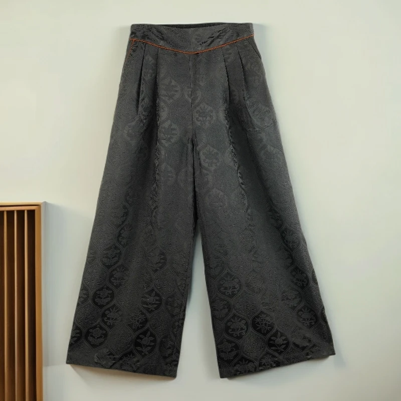 XY2025秋冬新款国风如意百草重缎皮子高腰直筒阔腿长裤64044