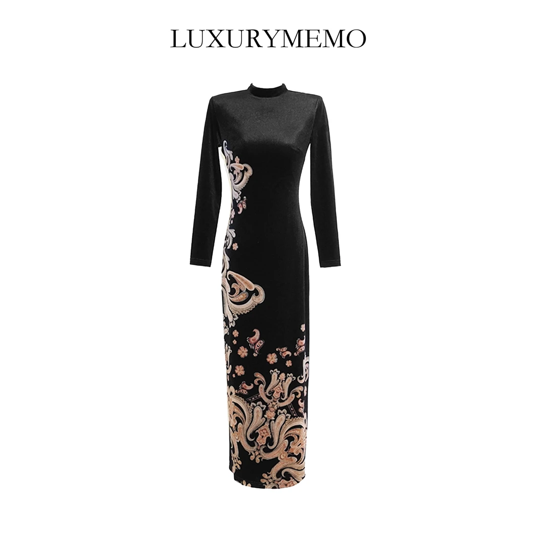 LUXURYMEMO【东方美人】秋冬加厚气质长袖时尚图腾长裙