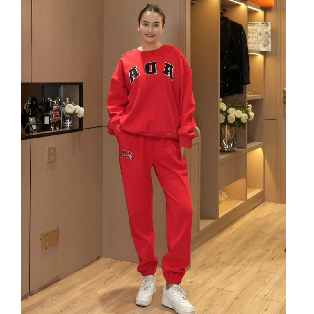 清货款加绒红色卫衣套装