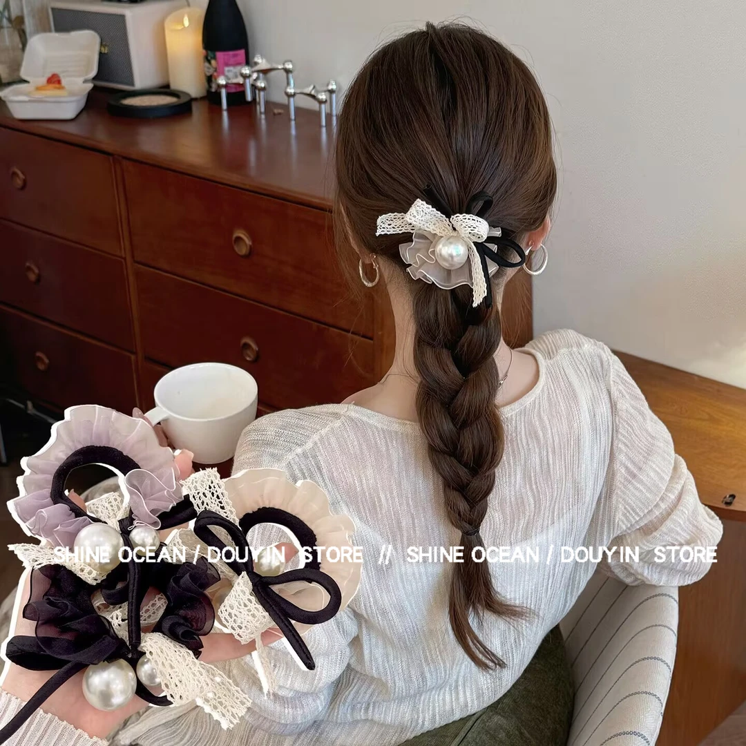 双海「ins博主系列-蕾丝蝴蝶结珠珠」韩系网纱超仙发圈时尚温柔发绳